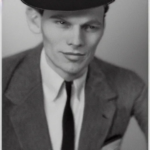 Image similar to A photograph portrait of Jerma985 wearing a suit with and fedora in the 1940s, taken in the early 1940s, grainy, taken on a 940s Kodak Camera, realistic, hyperrealistic, very realistic, highly detailed, very detailed, extremely detailed, detailed, digital art, trending on artstation