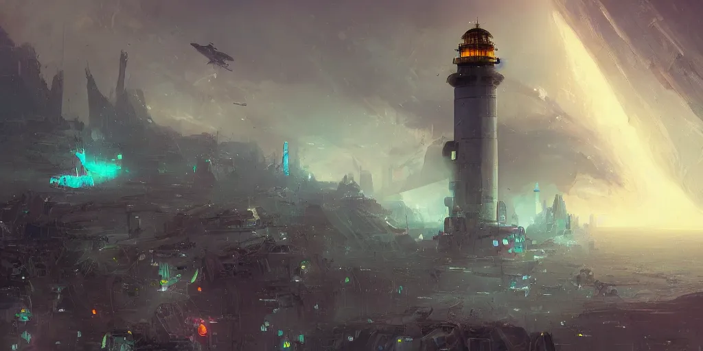 Prompt: concept art of a lone towering sci - fi lighthouse at the cape of a busy city, flying cars, drones, cargo ships, grimy, gritty, blade runner 2 0 4 9, trending on artstation, award winning painting, cgi, art by john berkey and anton fadeev and john howe and simon stalenhag