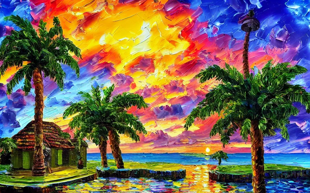 Image similar to a very tiny island surrounded by water with a cute cozy cottage with a terrace, a paved garden courtyard with benches and a fountain, palm trees, river, sunset, puffy clouds, dramatic and dynamic lighting, thick brush strokes oil impasto painting