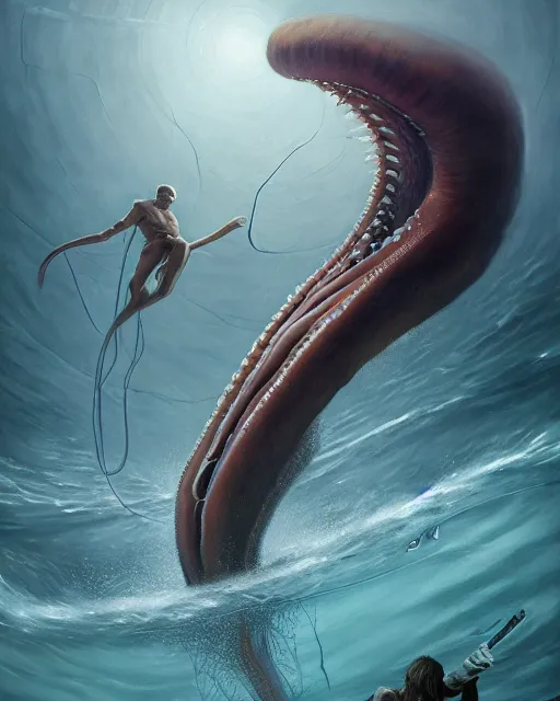 Image similar to a dream fantasy painting of a giant squid attack a swimming man, by beksinki, giger, greg rutkowski, carne griffith trending on artstation, deviantart, photorealism