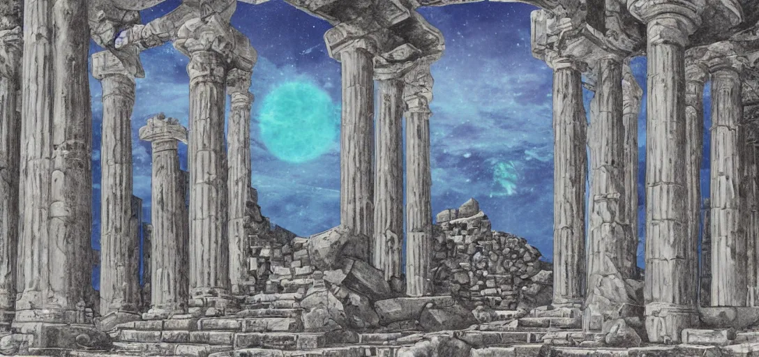 Image similar to The ruins of the Silver Millennium on the moon from Sailor Moon, digital painting, Earth in the distance, Greek-esque columns and ruins