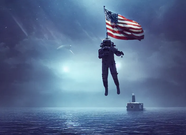 Image similar to astronaut holding a flag in an underwater desert. a submarine is visible in the distance. dark, concept art, cinematic, dramatic, atmospheric, 8 k, trending on artstation, blue, fish, low visibility, fog, ocean floor, christopher nolan, interstellar