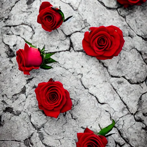 Prompt: red roses, black rocks, photography
