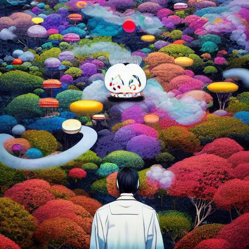 Image similar to a man walking on clouds away from the camera above kyoto by takashi murakami, beeple and james jean, aya takano color style, 4 k, super detailed, modern, 4 k, symmetrical