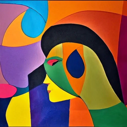 Image similar to woman weaves the colors, sounds and dreams of her community while listening to the river, abstract art in the style of cubism and georgia o keefe,