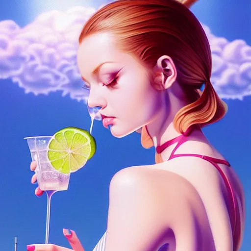 Image similar to a cute girl eating icecreen, long drinks by laura rigo, clouds, blue sky art by peter lloyd, 1 9 8 0's art, airbrush style, art by hajime sorayama,, intricate, elegant, sharp focus, illustration, highly detailed, concept art, matte, sharp focus, illustration, highly detailed, 6 4 0