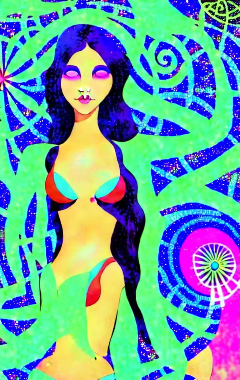 Prompt: beautiful hippie girl illustration, closeup in bikini over psychedelic sacred geometry hallucination