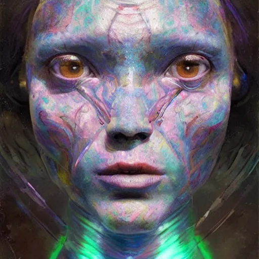 Prompt: Intricate five star Alien Princess facial portrait by Pablo Picasso and Greg Rutkowski, oil on canvas, HDR, cinematic, vibrant colors, photo realistic, hyperrealism,high detail, matte finish, high contrast, 3d depth, masterpiece, vivid colors, artstationhd , deviantart