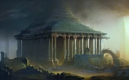 Image similar to beautiful hyperrealistic epic painting of the mysterious intricate ruins of a temple from an advanced alien civilization under the crescent moon, by hubert robert and lee madwick and bastien lecouffe deharme, dramatic lighting