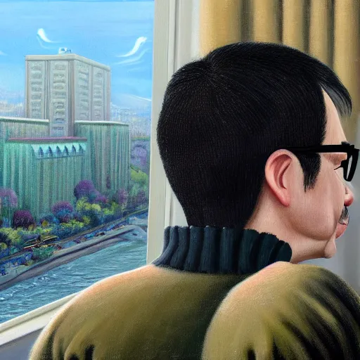 Image similar to An Oil Painting of the back view of Rivers Cuomo in a sweater with long hair and a mustache sweating bullets as he looks outside his window in front of him in his apartment to see kim jong un's nukes falling onto the city, hyperrealistic, extremely realistic, highly realistic, HD Quality, 4k resolution, 8k resolution, Detailed, Very Detailed, Highly Detailed, Extremely Detailed, Intricate Details, Real, Very Real, Oil Painting, Digital Painting, Painting, Trending on Deviantart, Trending on Artstation