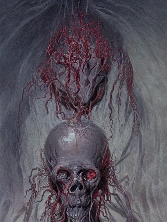 Image similar to painting by wayne barlowe of a flying sorrowful looking severed human head with tears running down it's eyes, face that is chalk white in color, with long sprawling white tentacles stemming down it's neck, fiery scorching red eyes, flying in a terrying hellish dark cavernous place