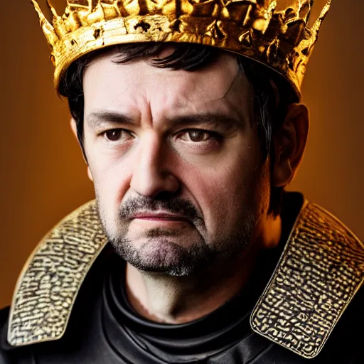 Prompt: richard iv the roman king photo, real human, soft studio lighting, 6 0 mm lens in full armor, cashmere hairs, golden crown