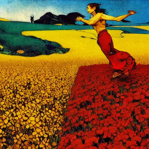 Image similar to 3 people in red desert drowning in a sea of yellow flowers, highly detailed, intricate, surreal, painting by Franz Marc, part by Yoji Shinkawa, part by Norman Rockwell, artstation