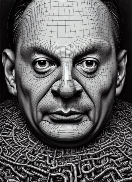 Image similar to hyper detailed 3d render like an Oil painting - Portrait of Viktor Orban looking at a skull by Jacek Yerka, Mariusz Lewandowski, Houdini algorithmic generative render, Abstract brush strokes, Masterpiece, Edward Hopper and James Gilleard, Zdzislaw Beksinski, Mark Ryden, Wolfgang Lettl, hints of Yayoi Kasuma, octane render, 8k