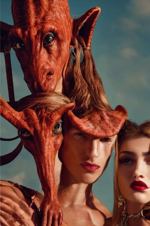 Image similar to dolce & gabbana campaign featuring jar jar binks as a female cowgirl, long eyeslashes, huge juicy lips, big seductive eyes, shot by mario testino, realistic vfx simulation