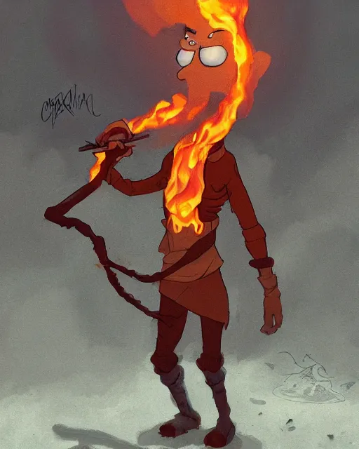 Image similar to squidward with [ four legs ] wearing fire nation clothing and practicing firebending outside at susnset, [ greg rutkowski ]