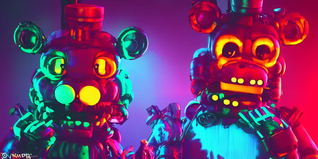 Image similar to fnaf freddy, cyberpunk, rgb, neon, hd, cinematic,