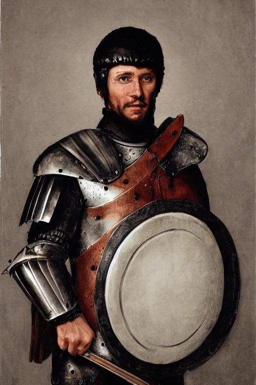 Prompt: realistic portrait of roman soldier wearing plate armor and holding an oval shield and longsword