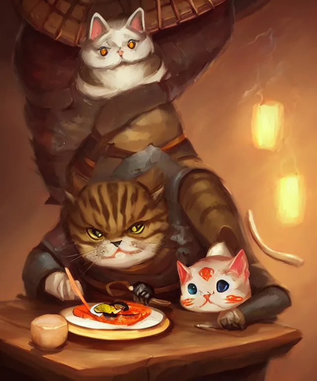 Prompt: a portrait of an anthropomorphic ninja cat eating sushi,, standing in a restaurant, cute and adorable, dnd character art portrait, well rendered matte fantasy painting, deviantart artstation, by jason felix by steve argyle by tyler jacobson by peter mohrbacher, cinematic lighting