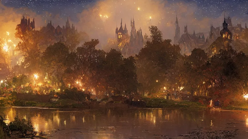 Prompt: a beautiful painting of the shire during a fireworks festival, at night with a sky full of stars and fireworks, intricate, elegant, highly detailed, digital painting, artstation, concept art, by krenz cushart and artem demura and alphonse mucha