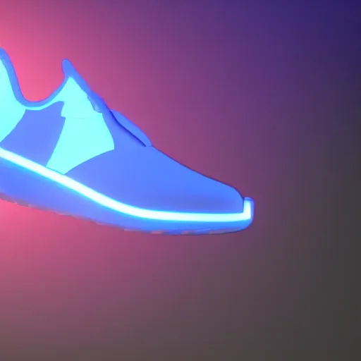 Image similar to high quality octane 3 d render of bioluminescent sneakers floating in space, emissive, bloom, volumetric, ray - tracing, bjork