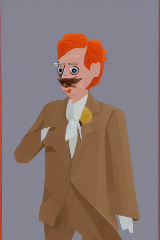 Image similar to a scene depicting a orange haired elegant character wearing a voluminous suit made from linen and transparent plastic, blurred, muted colors, acrylic, super detailed, soft light
