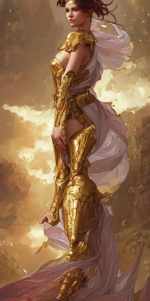 Prompt: a princess wearing a golden armor, full-body shot, digital painting, smooth, elegant, hd, art by WLOP and Artgerm and Greg Rutkowski and Alphonse Mucha