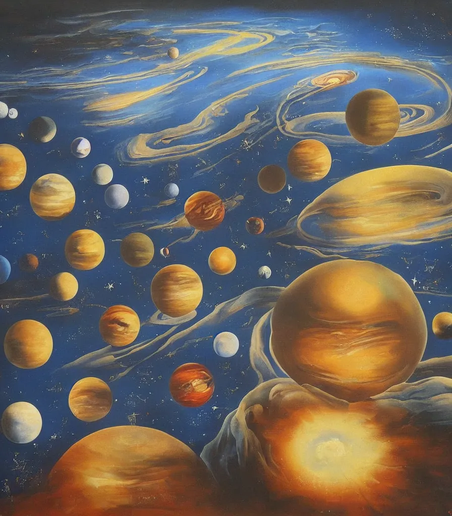 Image similar to a beautiful surrealistic painting of planets and stars in the universe by salvador dali, trending on artstation., oil painting