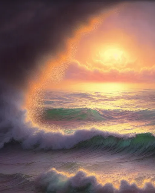 Image similar to sea with very big waves crashing to shore, sunset, hyper realistic, artstation, illustration, nicoletta ceccoli, mark ryden, lostfish, dan decarlo, bob clampett, max fleischer, digital paint, matte paint, vivid colors, detailed and intricate environment
