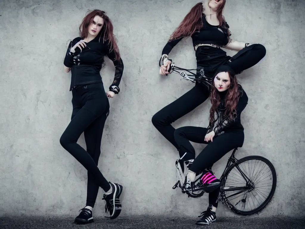 Image similar to full - length photo, young woman, leaning on a bike, gothic clothes, adidas shoes, 4 k, colourful