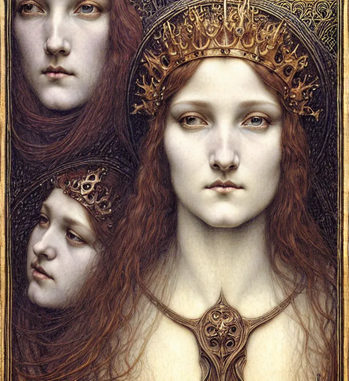 Image similar to detailed realistic beautiful young medieval queen face portrait by jean delville, gustave dore and marco mazzoni, art nouveau, symbolist, visionary, gothic, pre - raphaelite. horizontal symmetry