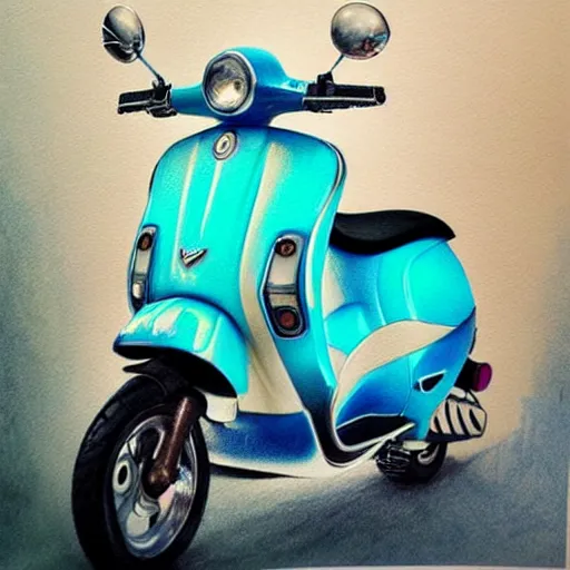 Image similar to hyper realistic pencil drawing of a turquoise vespa moped, water color, detailed, rim light, diffused, intricate, by anna dittmann,