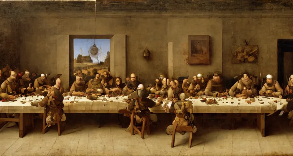 Image similar to us army soldiers sitting at a long rectangle dining table, old painting, intricate, 8 k, us soldiers in uniform eating dinner, dinner table, dining room, renaissance, leonardo da vinci