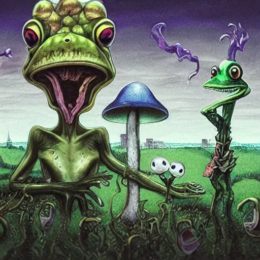 Image similar to A centered chest up portrait of a psychedelic demonic anthropomorphic frog smoking a hand-rolled cigarette smoking heavily , magic mushroom village in background . award winning. superb resolution. in the art style of junji Ito and greg rutkowski . Detailed Mushroom city in background. Hyper realistic anime. Perfect art. Dalle2