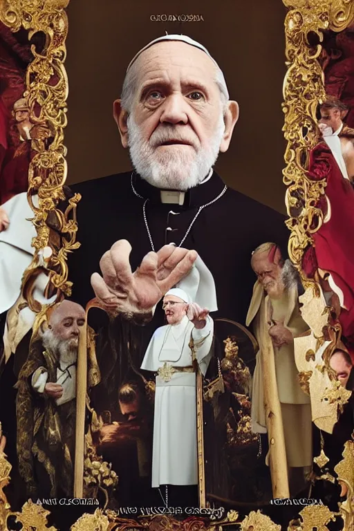 Image similar to dolce & gabbana campaign featuring george carlin as the pope, unprocessed colors, # nofilter, shot by annie leibovitz, realistic vfx simulation