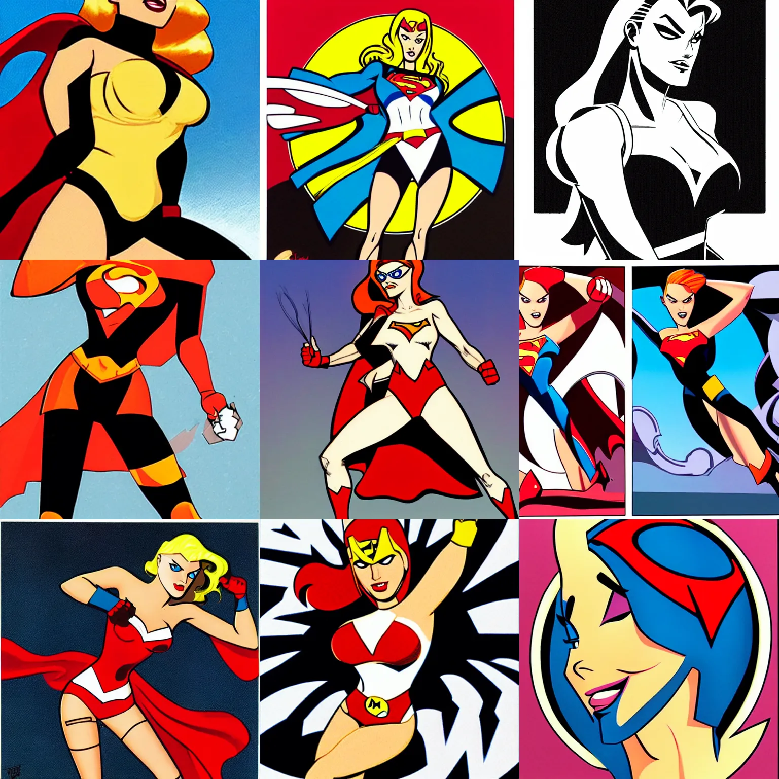 Prompt: a young woman, super hero, by bruce timm