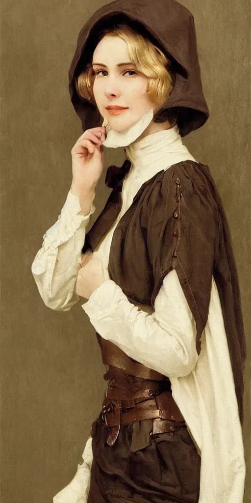 Prompt: a beautiful woman, beauty, high cheek bones, half onesided smile, mischievous, bard, brown hair, messy hairstyle, short hair, cream colored peasant shirt, brown pants, leather boots, dark green cloak, round hood, elf ears, youthful, white background, proportionate, by j.c. leyendecker, single face, trending on artstation, realistic, highly detailed, masterpiece