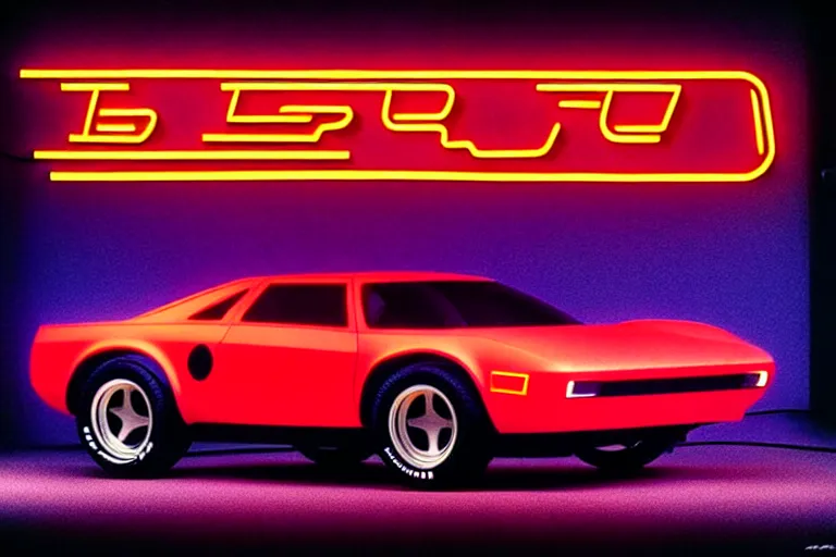 Image similar to designed by giorgetto giugiaro stylized poster of a single bronco, thick neon lights, ektachrome photograph, volumetric lighting, f 8 aperture, cinematic eastman 5 3 8 4 film