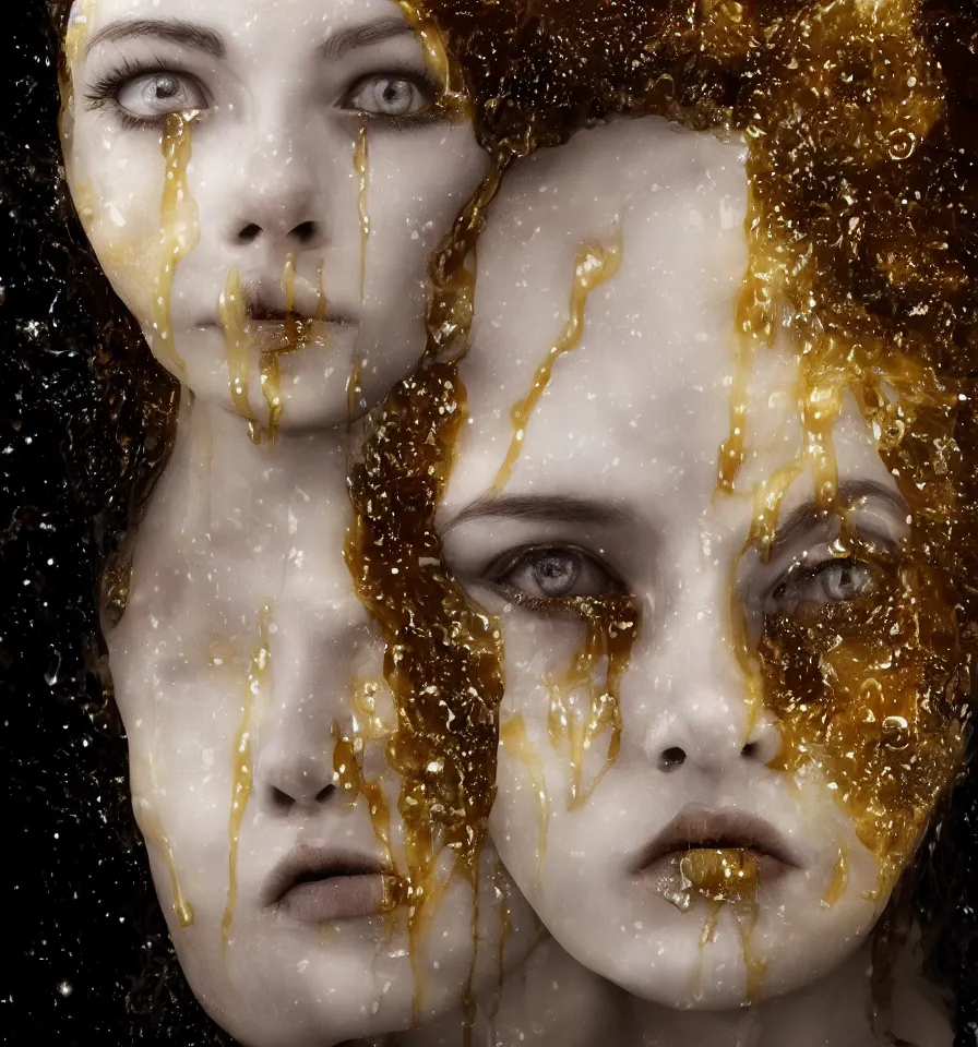 Prompt: dripping void and honey in the moonlight, marble face and hair, glitchy objects, creepy tools, fusion lighting, highly detailed, HDRI, by Hilma AF Klimt, high contrast, 8k resolution, intricate, photorealistic, smooth