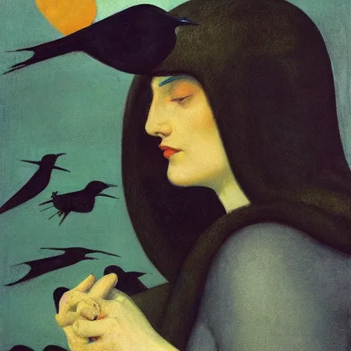 Image similar to a woman in a medieval city, a lots of crows, hyperrealistic film still by edward hopper, by gottfried helnwein, by klimt, by paolo uccello, art nouveau, highly detailed, strong lights, liminal, eerie, symbolist, bright pastel colors