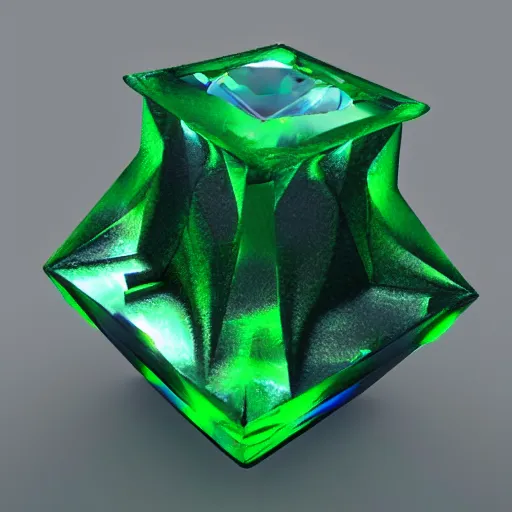 Prompt: 3 d render of a gemstone with crown, green background lighting, realistic, artstation, cg