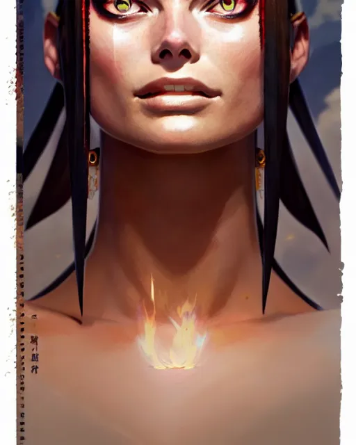 Image similar to azctec warrior, margot robbie, detailed perfect face, exquisite details, fire magic, mid view, design on a white background, by studio muti, greg rutkowski makoto shinkai takashi takeuchi studio ghibli