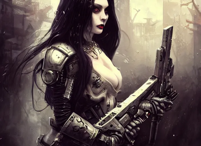 Image similar to beautiful pale gothic maiden killing Nicolas Cage, warhammer 40000, cyberpunk, intricate, elegant, highly detailed, digital painting, artstation, concept art, smooth, sharp focus, illustration