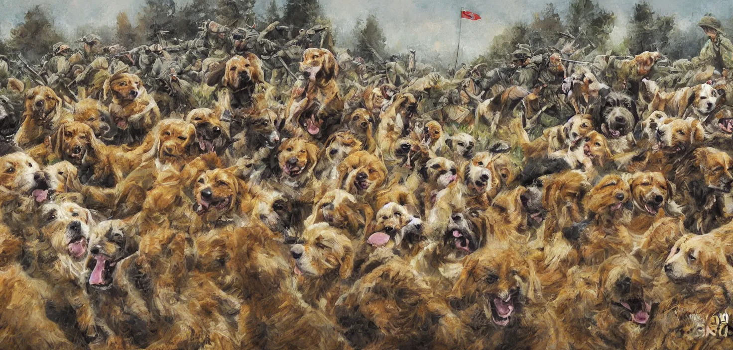 Image similar to cheerful painting of dogs at war, multiple points of focus, detailed painting by ralph goings, soft edges, tilt shift