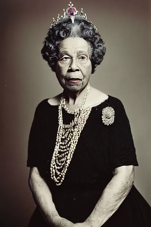 Image similar to a colour photograph of an elderly black lady with grey curly hair, wearing a crown and clothing of Queen Elizabeth the second, 50mm lens, portrait photography, taken by Robert Capa, studio lighting