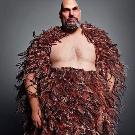 Image similar to john fetterman in a dress made of feathers!!!!,