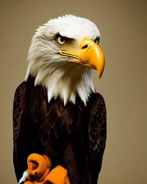 Prompt: closeup portrait of a bald eagle standing on donald trumps head, wearing orange prison pajamas, sitting on the floor of a filthy prison cell, cinematic masterpiece, octane, dramatic lighting, editorial photo, 35mm, very detailed