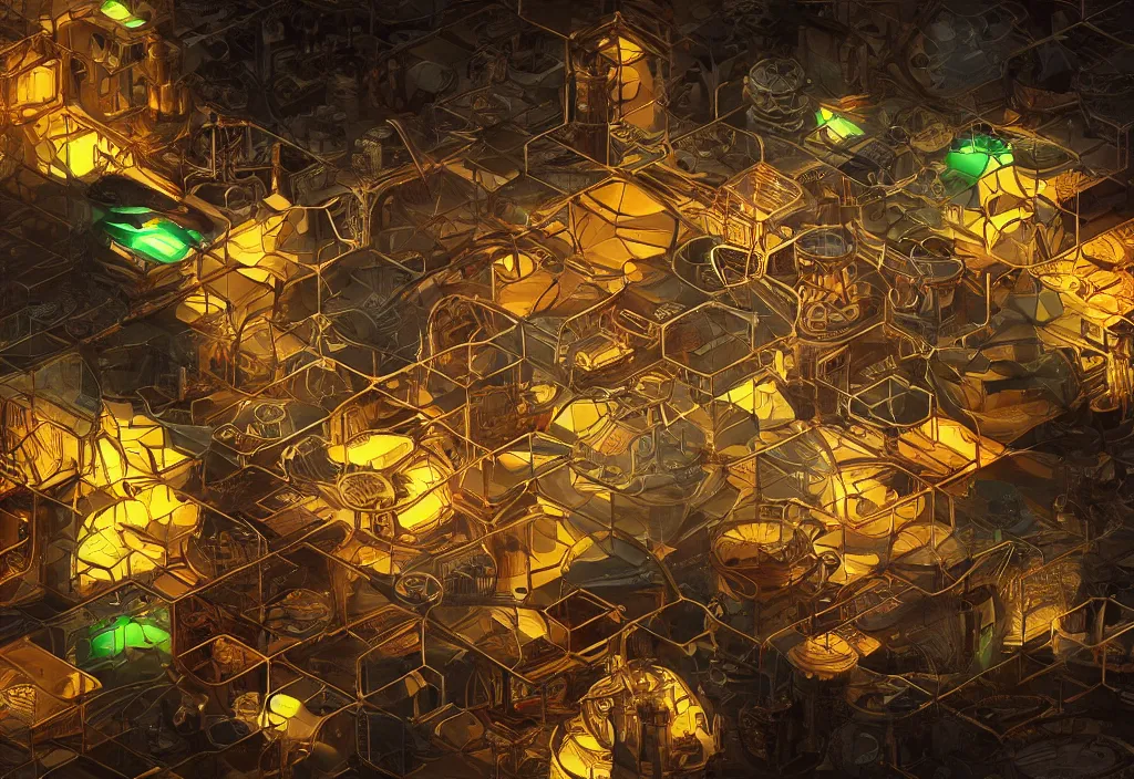 Prompt: cyberpolygon steampunk realistic oil painting cinematic light computers neon hexagons geometric