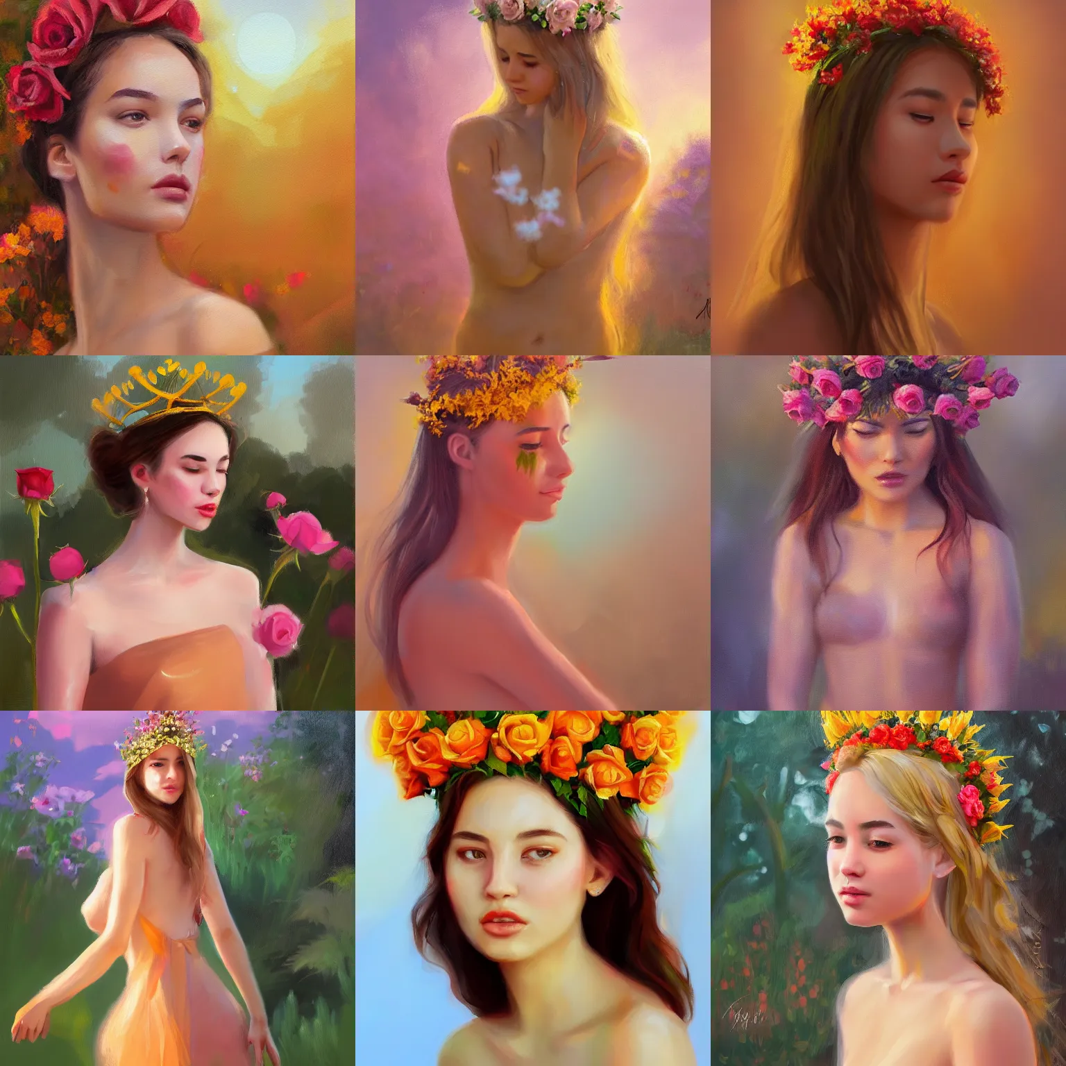 Prompt: young princess in flower and thorn crown in rose garden full body portrait painting study, slim face, glowy dreamy golden sunset, oil on canvas, loose brushwork, featured trending on artstation