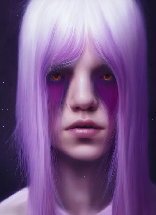 Image similar to hair whitebangs hair, black hair, whitebangs, portrait of teenage girl with white bangs, red irises, purple clothes, white bangs, bangs are different color from hair, intricate, elegant, glowing lights, highly detailed, digital painting, artstation, concept art, smooth, sharp focus, illustration, art by wlop, mars ravelo and greg rutkowski